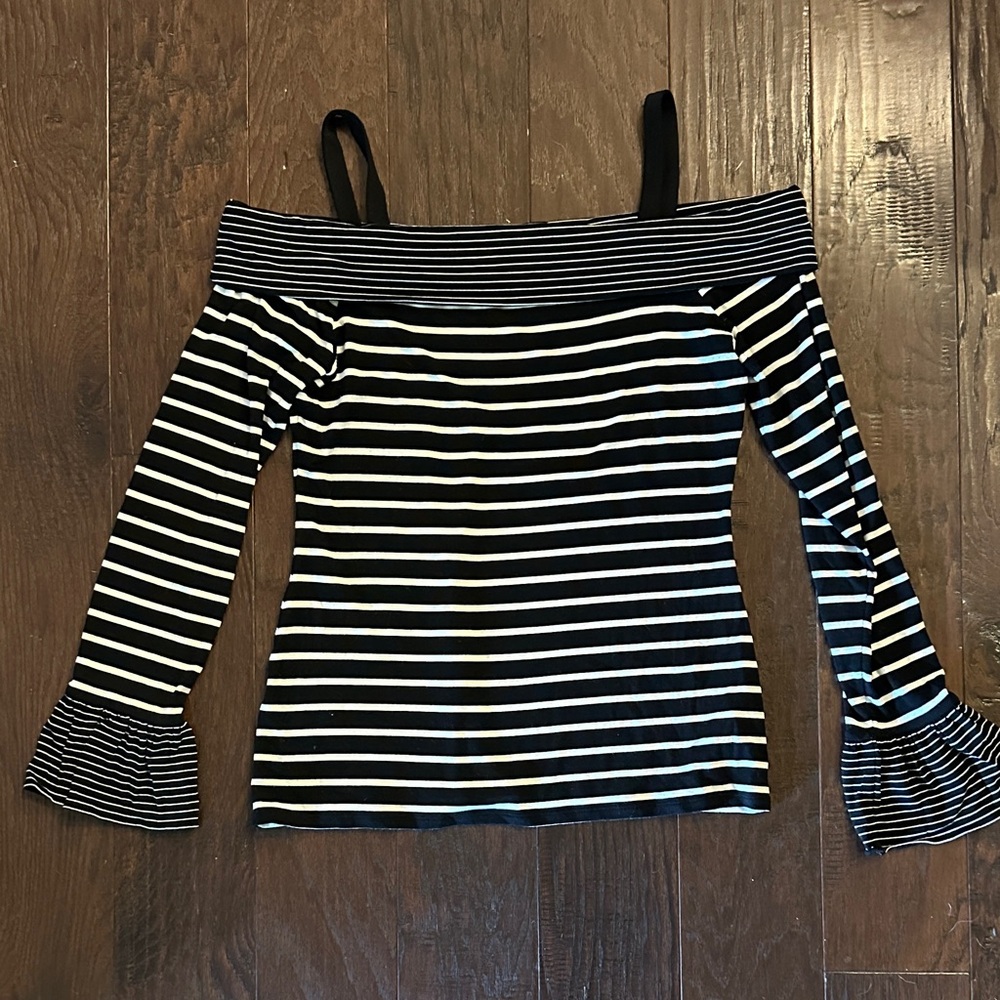 White House Black Market Black and White Striped Off-Shoulder Blouse